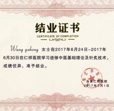 Official Chinese medical certificate of completion for acupuncture and TCM theory training awarded in 2017.