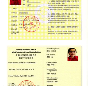 Official acupuncture certificate from the World Federation of Chinese Medicine Societies for Wang Yuhong.