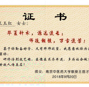 A formal Chinese certificate for traditional acupuncture mentorship from Nanjing University of Chinese Medicine.