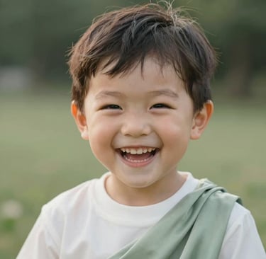 Close-up portrait of a laughing child in a West Michigan outdoor setting. Soft natural light highlights genuine emotion. The background is a soft blur of sage silk and creamy white tones. Timeless and elegant composition.