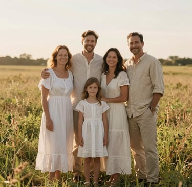 A candid family portrait in a sun-bleached meadow in West Michigan. The family wears soft off-white and warm beige linens. The lighting is golden and hazy, creating a light and airy atmosphere. Professional lifestyle photography with natural beauty.