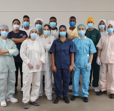 A group of smiling healthcare professionals standing together outside an NHS facility, ready to support their community.