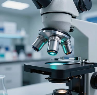 A high-precision macro photograph of a laboratory microscope objective lens with a teal light glow. In the background, a modern, organized North American / International biotech laboratory is visible with cool blue tones and white furniture.