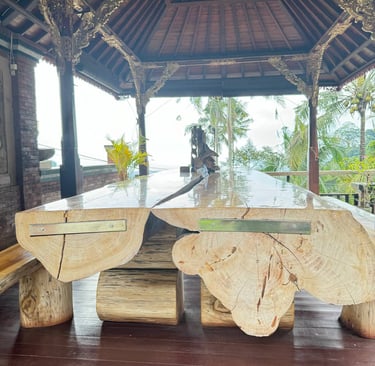 Outdoor Joglo living space built with antique teak wood offering natural ventilation and elegant tropical ambiance