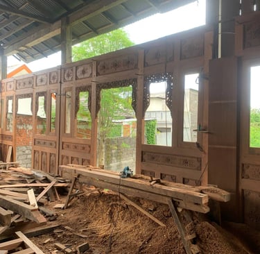 Traditional Joglo frame construction using solid antique teak beams prepared for international export projects
