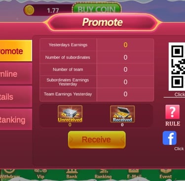 Screenshot of a mobile gaming promotion dashboard with earnings stats and referral QR code.