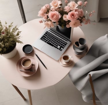A cozy workspace with a laptop, notebook, and a cup of coffee, representing productivity and comfort.