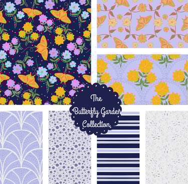 The Butterfly Garden Collection by Designs by KLM features 7 patterns. The hero pattern consists of bright orange butterflies