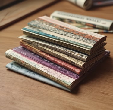 A rustic wooden table displaying Eco Buds rolling papers and filters alongside fresh green leaves.