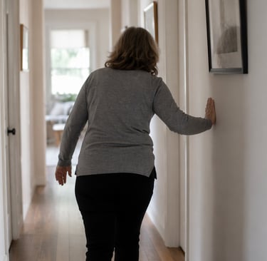 middle aged woman holding on the wall as she walks