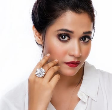 City Girl  Cz stone Studded Rhodium Plated Cocktail Finge Golden Leaf Ring