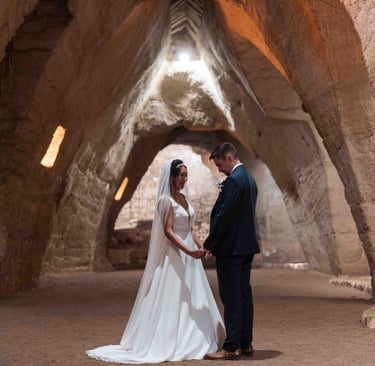 Couple de mariés dans les grottes troglodytes des Arènes de Doué-la-Fontaine.