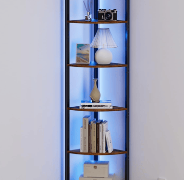 a corner shelf with a lamp and a lamp