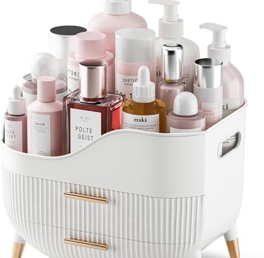 a white and white container with a lot of bottles of cosmetics