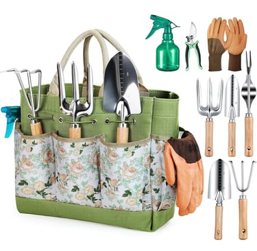 a garden tool kit with gardening tools and a bag