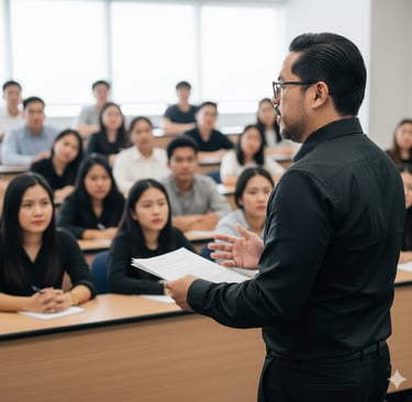 a man in a black shirt and glasses is standing in front of a classroom