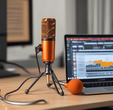 A cozy workspace with a laptop, microphone, and camera, symbolizing media creation.