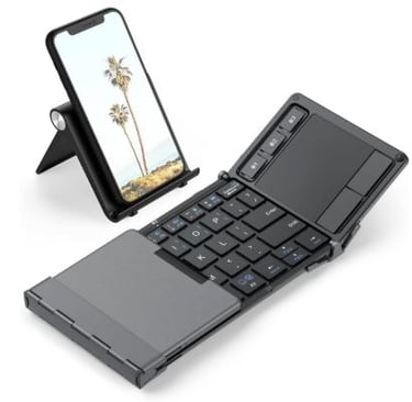 Tri-fold Bluetooth keyboard with touchpad, syncs to 3 devices.