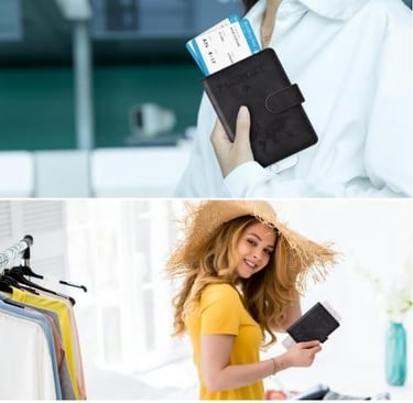 RFID passport wallet with magnetic closure, card slots, and PU leather.