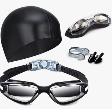 Swimming goggles with nose clip, earplugs, swim cap, and case for men and women.