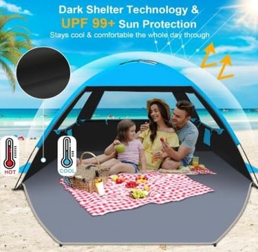 Portable beach tent with UPF 50+ sun protection, spacious for multiple people