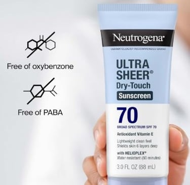 Bottle of ultra-sheer, water-resistant sunscreen lotion with SPF 70.