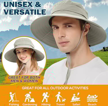 Adjustable sun hat with wide brim and mesh panels.