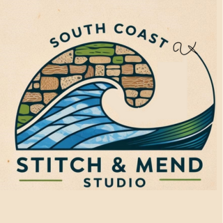 This is the South Coast Stitch and Mend Studio's logo. It references stone walls and ocean waves.