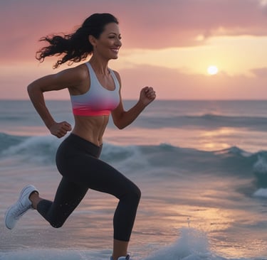 a woman running on the beach at sunset