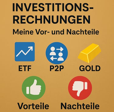 Investitionsrechnungen mit Icons für ETF, P2P, Gold, Vorteile & Nachteile.