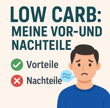 „Low Carb – Meine Vor- und Nachteile“ mit grünem Häkchen, rotem Kreuz und neutraler Figur.