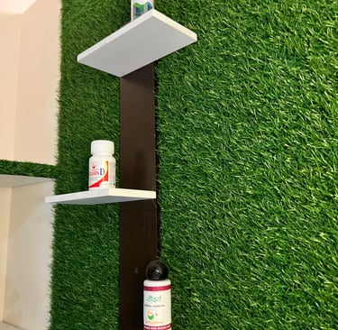 A shelf with a shampoo bottle and a toothpaste bottle, showcasing essential bathroom products in a tidy arrangement