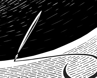 Black-and-white illustration of a pen drawing a swirl on paper
