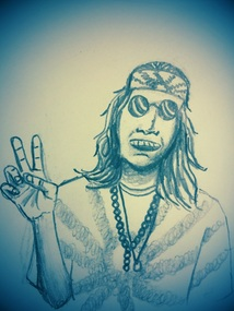 Drawing of a long-haired smiling person holding up a peace sign