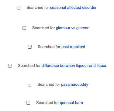 Searches including "glamour vs glamor," "pasamaquoddy," "quonset barn," and more