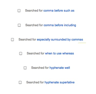 Searches including "past tense of pet," "comma before including," "hyphenate superlative," and more