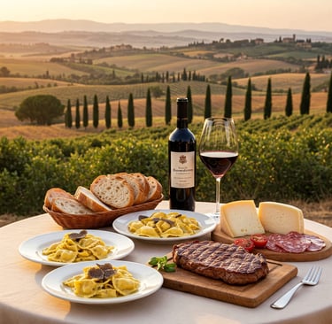 wine tasting, Italian food, brunello Montalcino, pasta, truffle