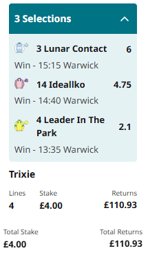  13:35 Warwick 2m4f Nov Hcap Chs • 9 Runners • Good Soft Leader In The Park 2.1 Win  14:40 Warwick 2