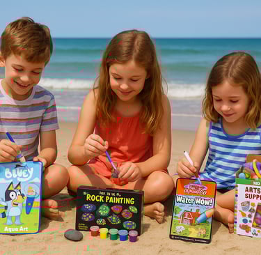 Kids enjoying top craft kits on beach – summer 2025 fun.