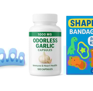Toe spacers, garlic capsules, and kids’ shaped bandages on white