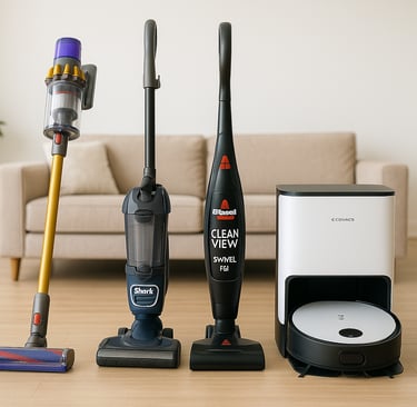 Top-rated vacuum cleaners 2025 displayed in spacious modern living room.