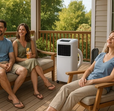 Adults enjoying summer on a patio with portable fan and air conditioner.
