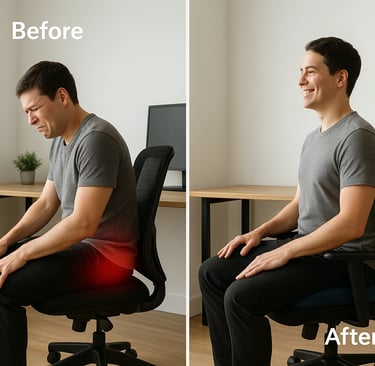 Before and after: office chair for tailbone pain with coccyx cut-out cushion relieving pressure and 