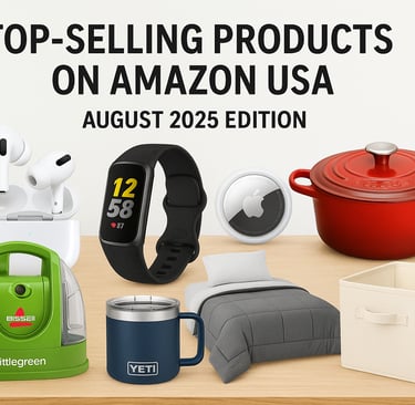 Top-selling Amazon USA products August 2025 on white background.