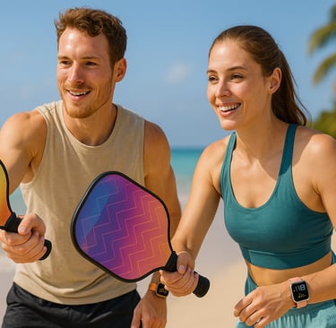 a man and woman playing tennis on the beach
