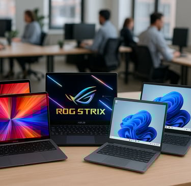 Modern laptops on office desk with professionals working in background.