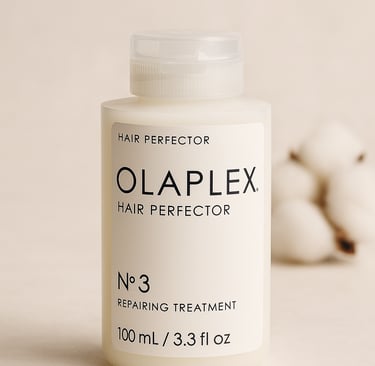 Olaplex No. 3 hair treatment with soft cotton background, focused