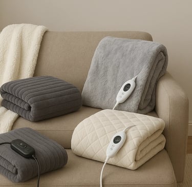 Beige sofa displaying four cozy heated blankets with controllers