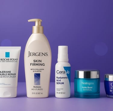 Five trending skincare products on purple background with modern lab style.