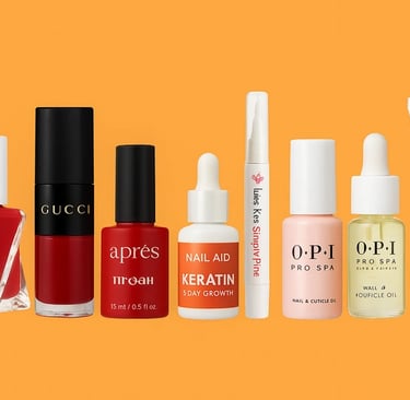 Eight trending nail care products displayed on pumpkin orange background.
